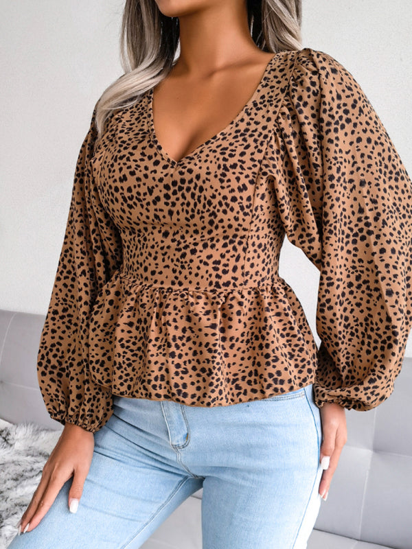 Women's Leopard Print Chiffon Lantern Sleeve Blouse