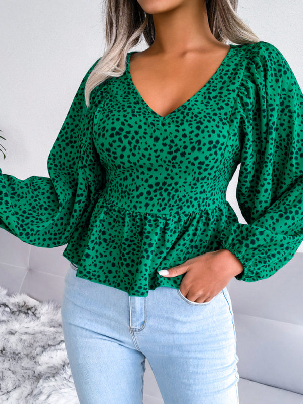 Women's Leopard Print Chiffon Lantern Sleeve Blouse