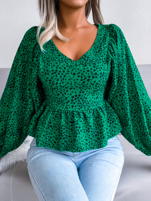 Women's Leopard Print Chiffon Lantern Sleeve Blouse