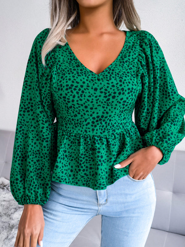 Women's Leopard Print Chiffon Lantern Sleeve Blouse