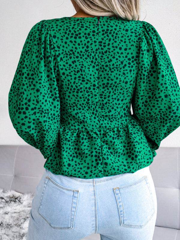Women's Leopard Print Chiffon Lantern Sleeve Blouse