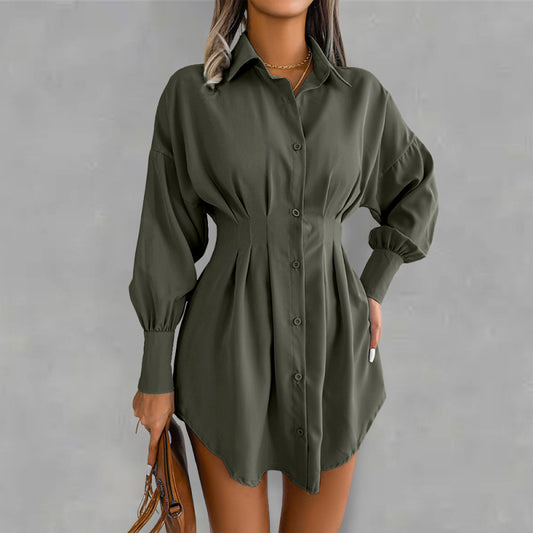 Lantern Sleeve Asymmetric Shirt Dress – Casual Loose Fit, Long Sleeve