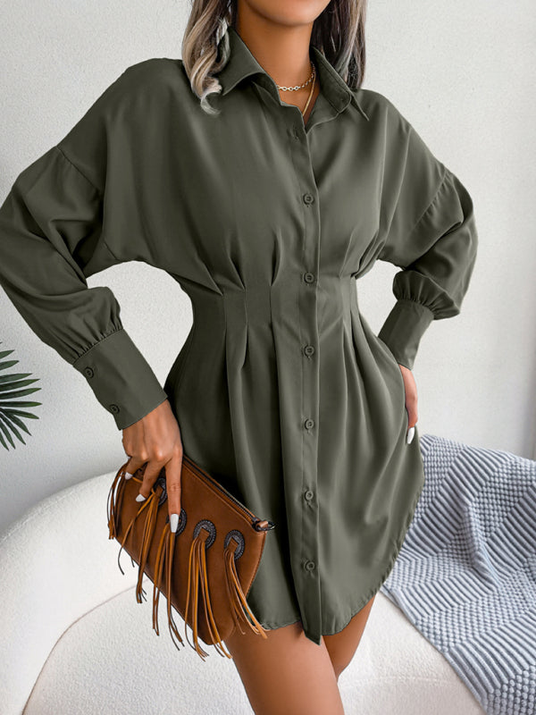 Lantern Sleeve Asymmetric Shirt Dress – Casual Loose Fit, Long Sleeve