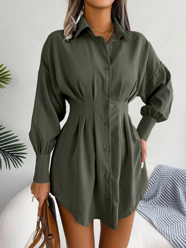 Lantern Sleeve Asymmetric Shirt Dress – Casual Loose Fit, Long Sleeve