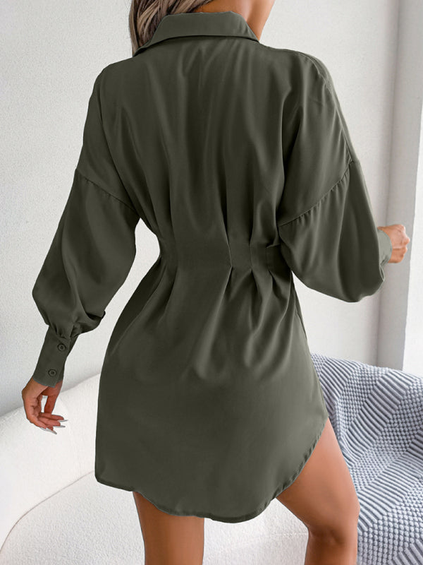 Lantern Sleeve Asymmetric Shirt Dress – Casual Loose Fit, Long Sleeve