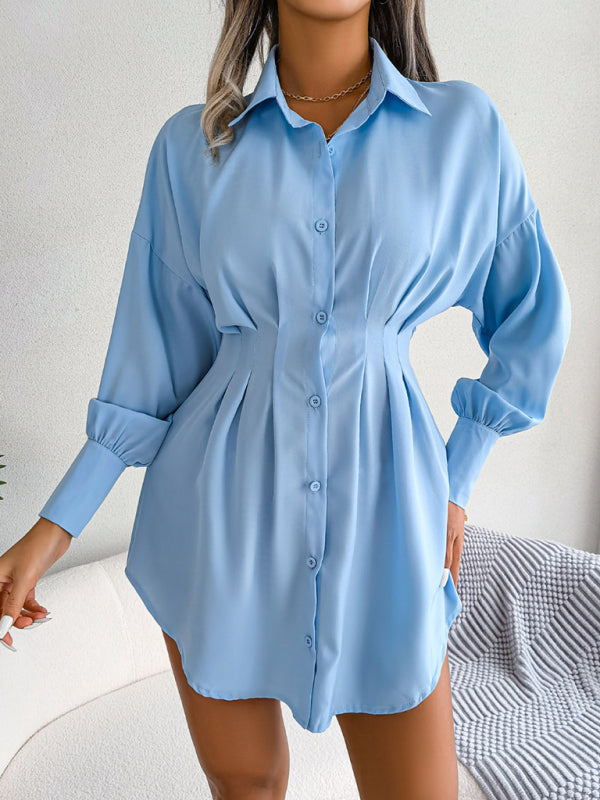 Lantern Sleeve Asymmetric Shirt Dress – Casual Loose Fit, Long Sleeve