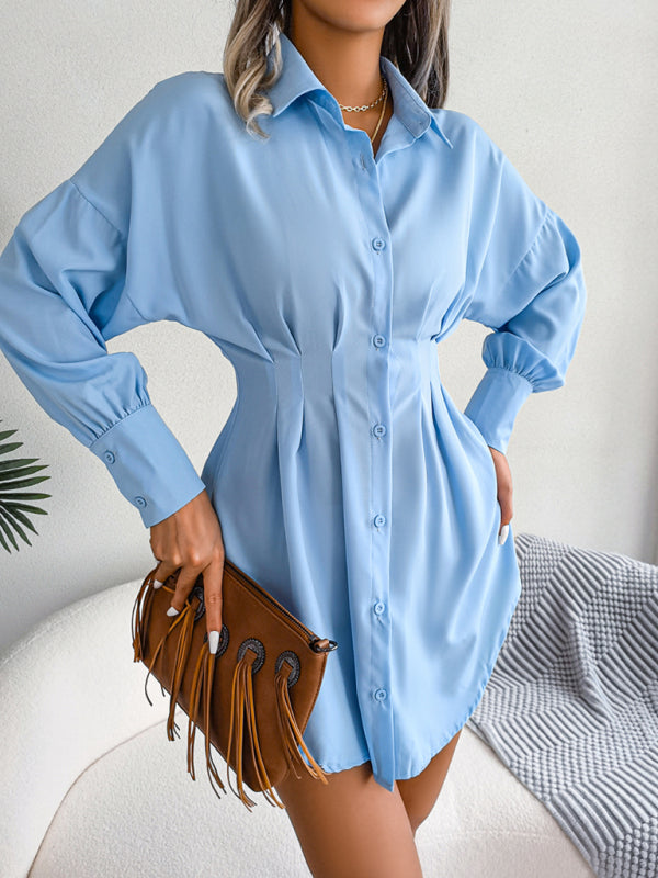 Lantern Sleeve Asymmetric Shirt Dress – Casual Loose Fit, Long Sleeve