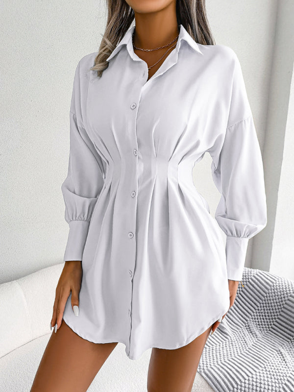 Lantern Sleeve Asymmetric Shirt Dress – Casual Loose Fit, Long Sleeve