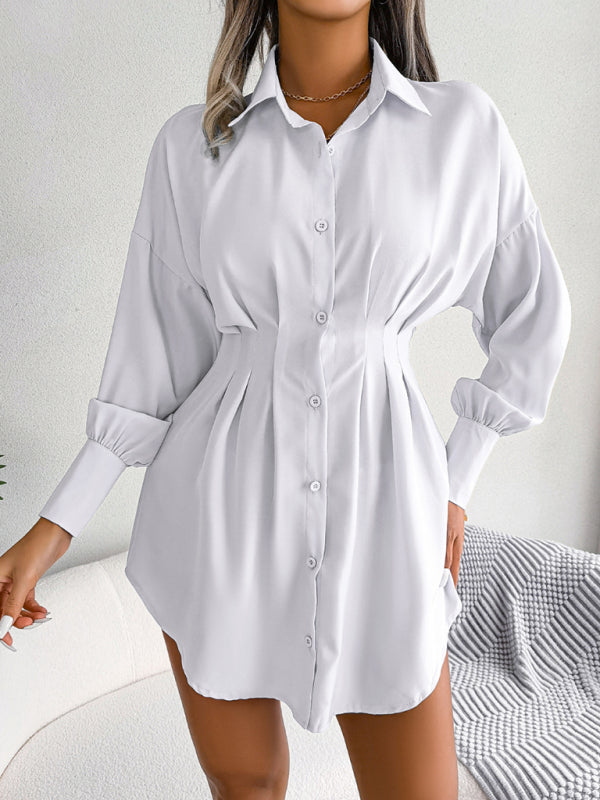 Lantern Sleeve Asymmetric Shirt Dress – Casual Loose Fit, Long Sleeve