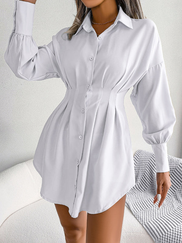 Lantern Sleeve Asymmetric Shirt Dress – Casual Loose Fit, Long Sleeve