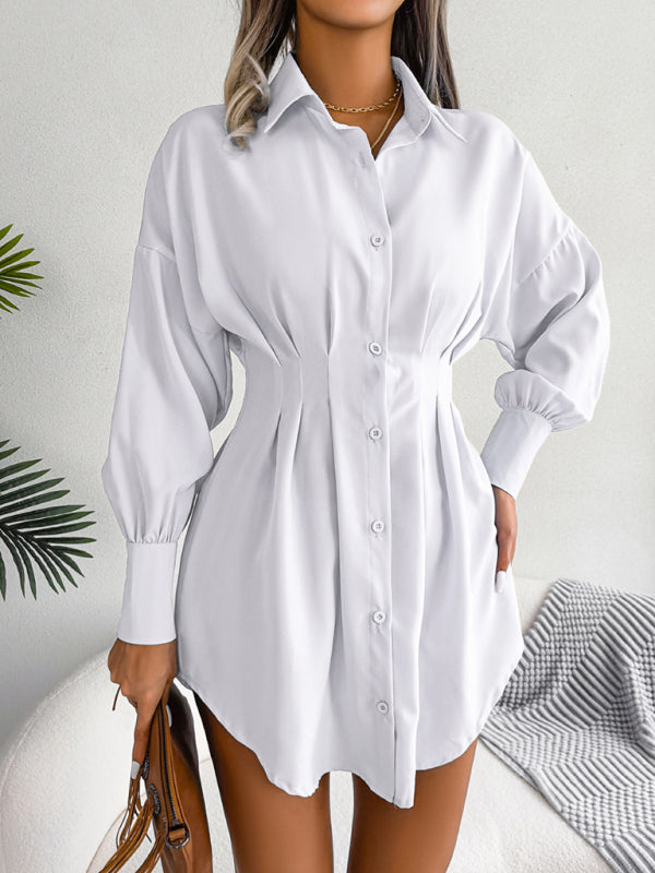 Lantern Sleeve Asymmetric Shirt Dress – Casual Loose Fit, Long Sleeve