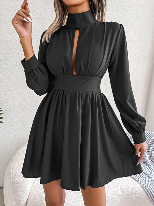 Hollow Waist Swing Dress for Women – Long Sleeve, Elegant & Flowy Fit