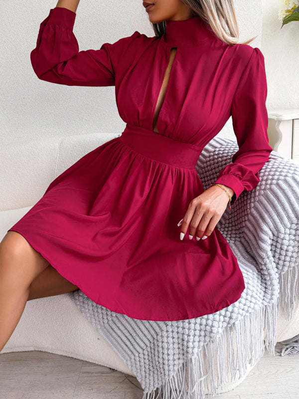 Hollow Waist Swing Dress for Women – Long Sleeve, Elegant & Flowy Fit