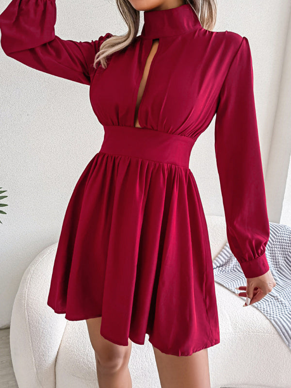Hollow Waist Swing Dress for Women – Long Sleeve, Elegant & Flowy Fit