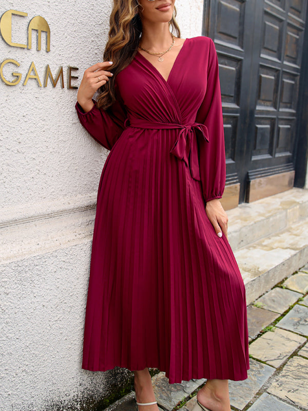 Women's Pleated Midi Dress with Cross V-Neck – Long Sleeve, Solid Color