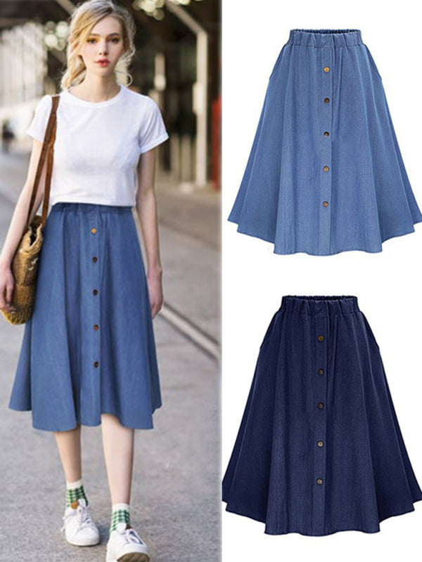 High Waist Denim Button-Front Skirt