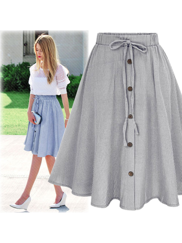 Striped Button-Up Midi Skirt with Elastic Waist