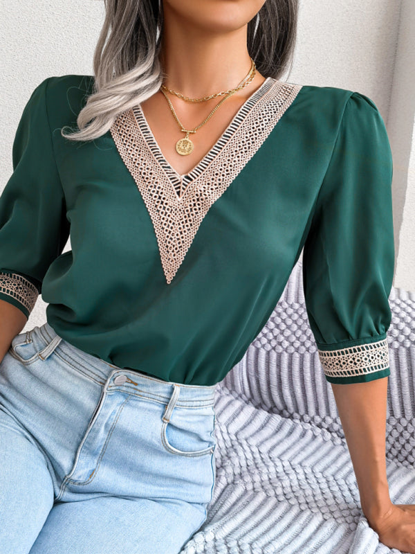 Women's Lace V-Neck Chiffon Blouse