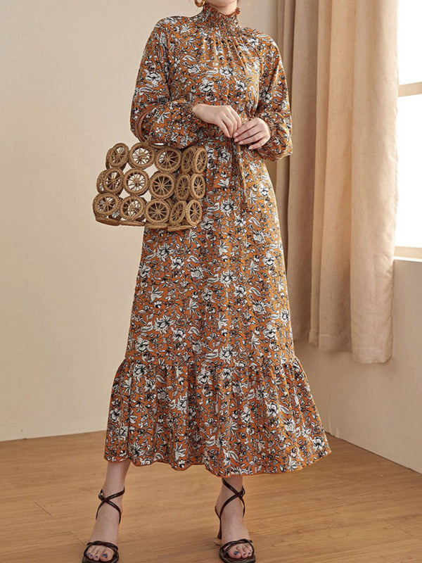 Women's Waist Chiffon Floral French Stand Collar Long Sleeve Dress