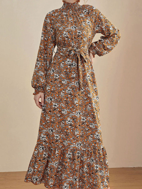 Women's Waist Chiffon Floral French Stand Collar Long Sleeve Dress