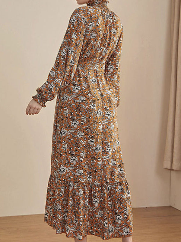 Women's Waist Chiffon Floral French Stand Collar Long Sleeve Dress
