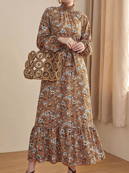 Women's Waist Chiffon Floral French Stand Collar Long Sleeve Dress