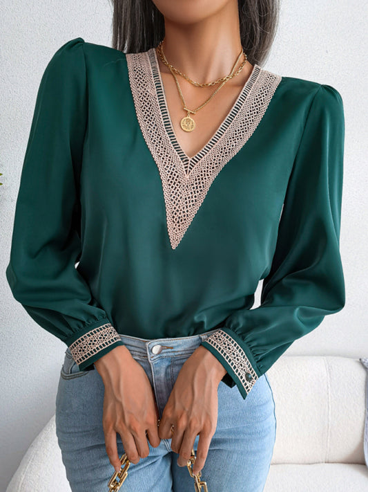 Women's Lace V-Neck Chiffon Blouse - Long Sleeve