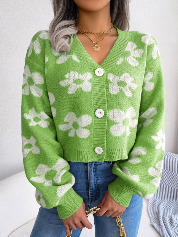 Women's Floral Knit Lantern Sleeve Cardigan Green