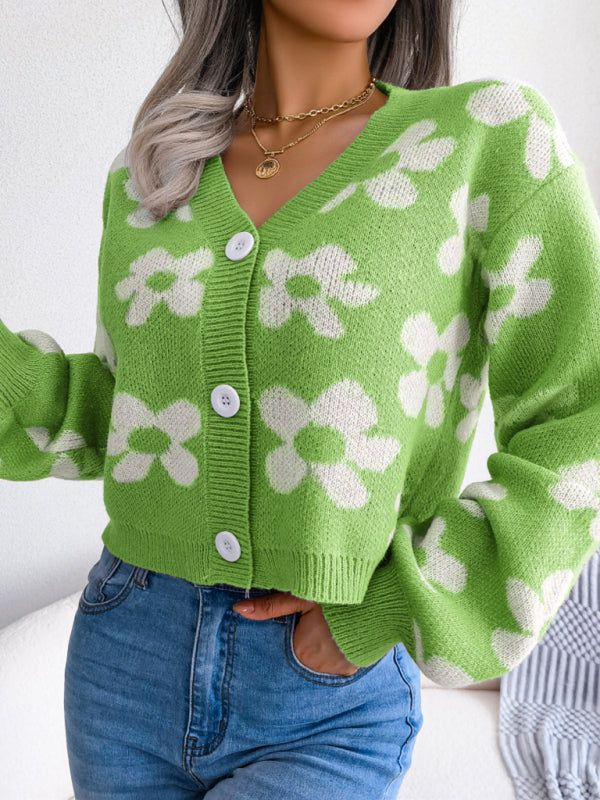 Women's Floral Knit Lantern Sleeve Cardigan