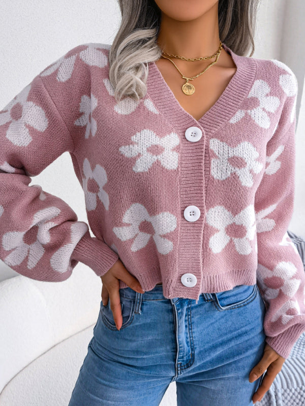 Women's Floral Knit Lantern Sleeve Cardigan