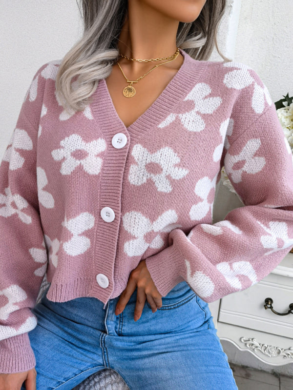 Women's Floral Knit Lantern Sleeve Cardigan