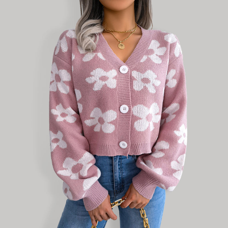 Women's Floral Knit Lantern Sleeve Cardigan Pink