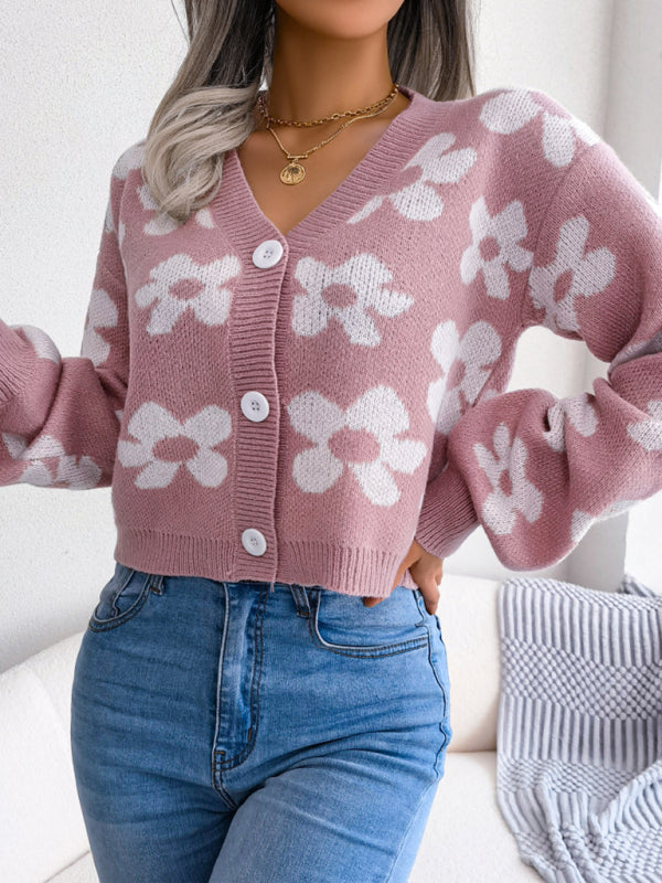 Women's Floral Knit Lantern Sleeve Cardigan
