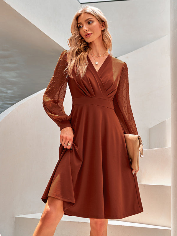 Elegant V-neck Jacquard Midi Dress - Long Sleeves, Seasonless Comfort