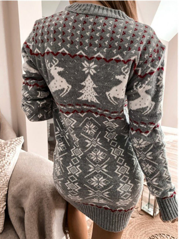 Women's Skinny Sexy Christmas Jacquard Long Sleeve Dress