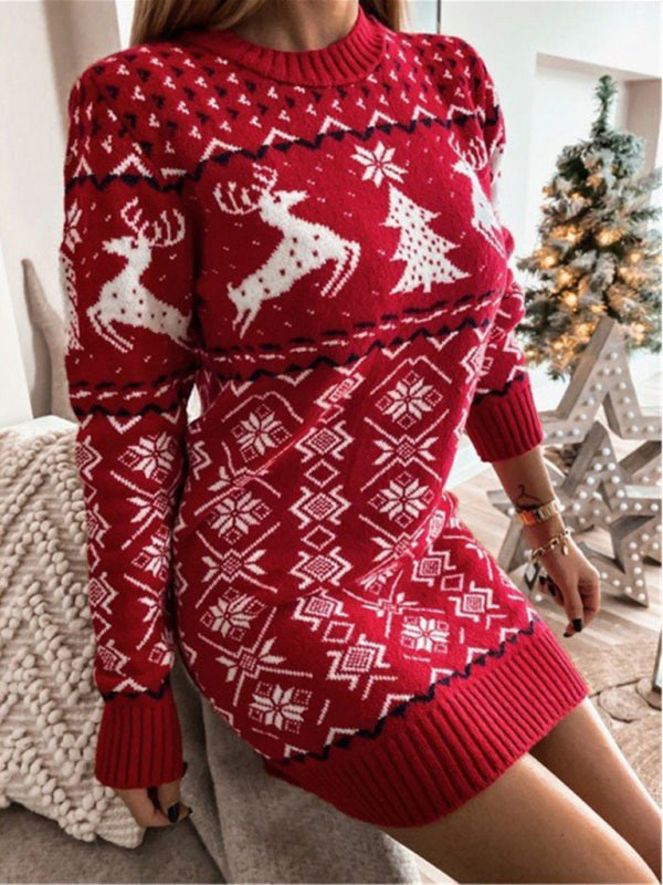 Women's Skinny Sexy Christmas Jacquard Long Sleeve Dress
