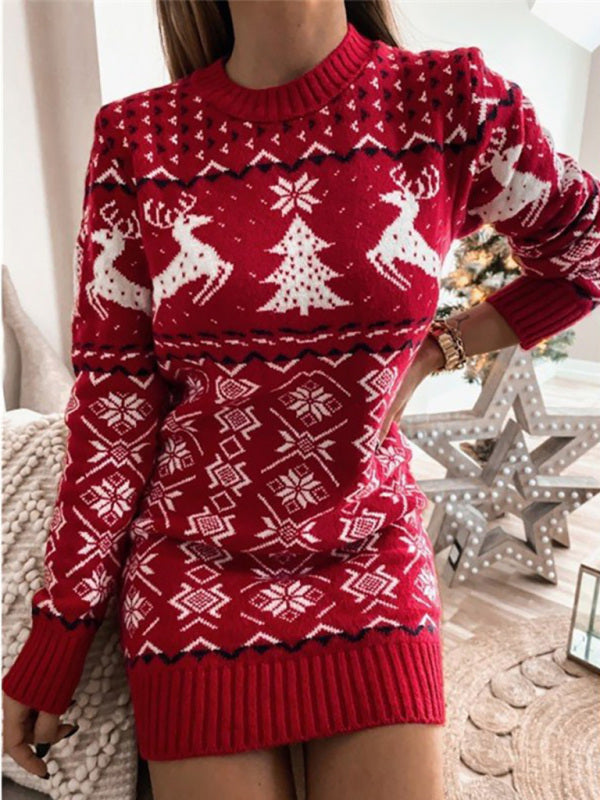 Women's Skinny Sexy Christmas Jacquard Long Sleeve Dress