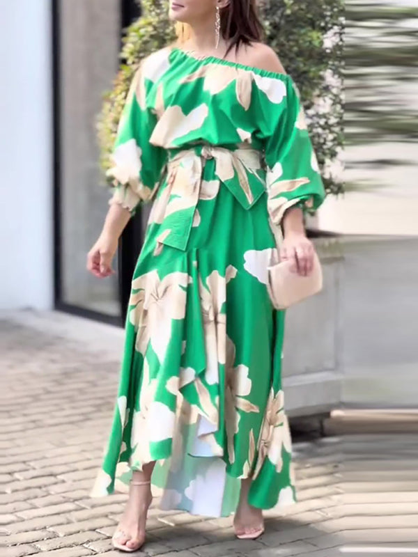 Elegant Lantern Sleeve Maxi Dress – Printed, Three-Quarter Sleeves, Green