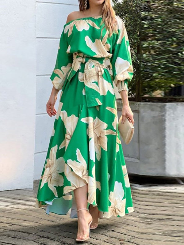 Elegant Lantern Sleeve Maxi Dress – Printed, Three-Quarter Sleeves, Green