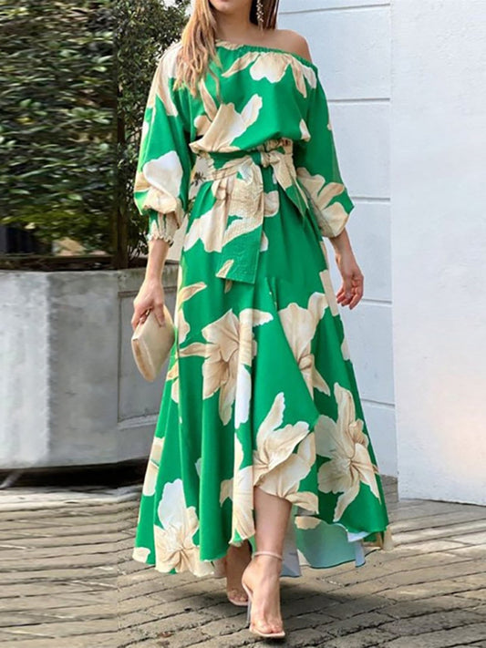Elegant Lantern Sleeve Maxi Dress – Printed, Three-Quarter Sleeves, Green