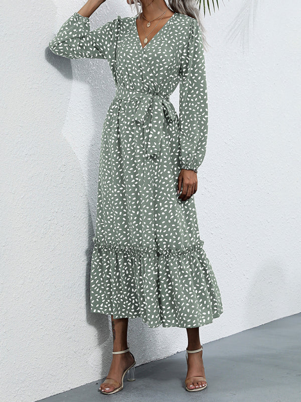 Women’s Long Sleeve Wrap Maxi Dress – Polka Dot, Elegant Fit for Fall