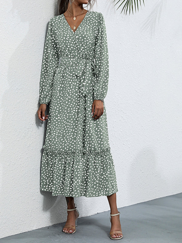 Women’s Long Sleeve Wrap Maxi Dress – Polka Dot, Elegant Fit for Fall