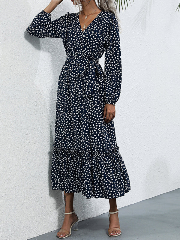 Women’s Long Sleeve Wrap Maxi Dress – Polka Dot, Elegant Fit for Fall
