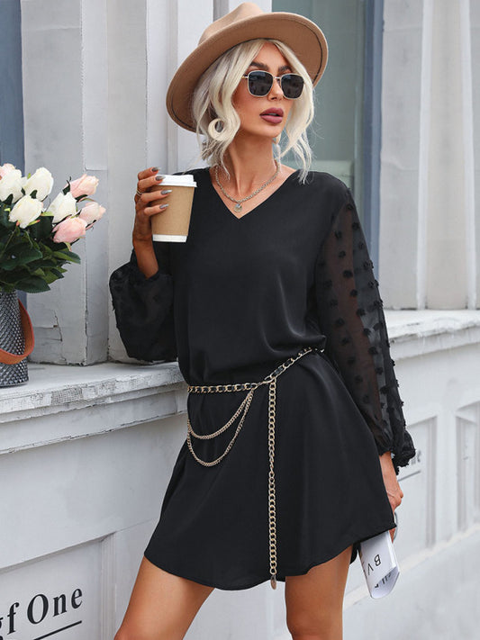 Elegant Black Long-sleeve Loose Fit Dress - Lightweight Woven Polyester