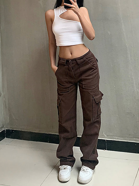 Mid Waist Cargo Pants with Pockets – Smiling Maria