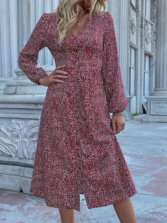Wine Red V-Neck Long Sleeve Button Dress – Printed Autumn Midi Fit