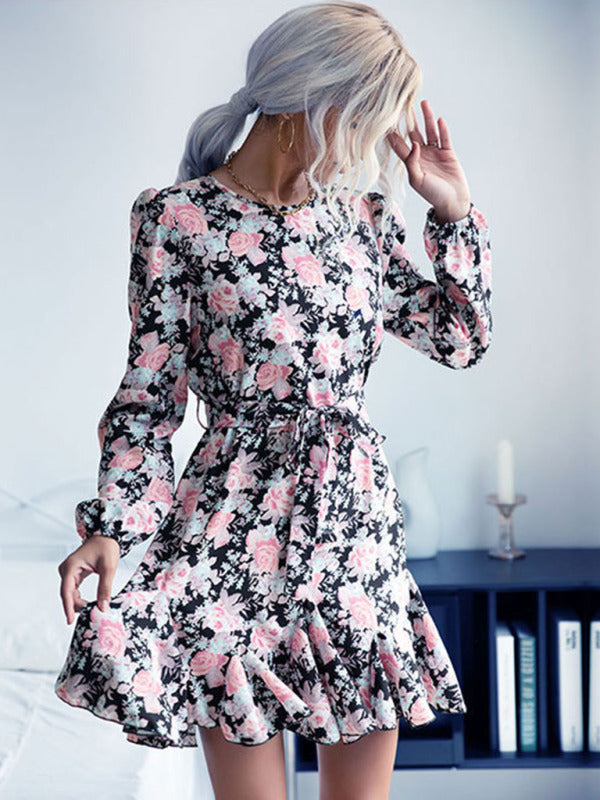 Printed Long Sleeve Mini Dress – Autumn & Winter Casual Fit
