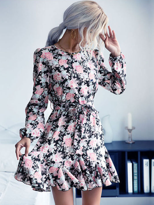 Printed Long Sleeve Mini Dress – Autumn & Winter Casual Fit
