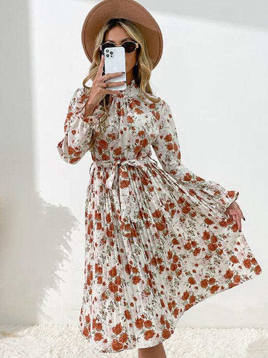 Floral Print Long Sleeve Midi Dress – Princess Sleeves & Woven Elegance