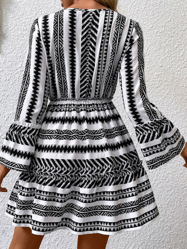 Ruffled Polka Dot Long Sleeve Dress with V-Neck – Autumn & Winter Casual Style